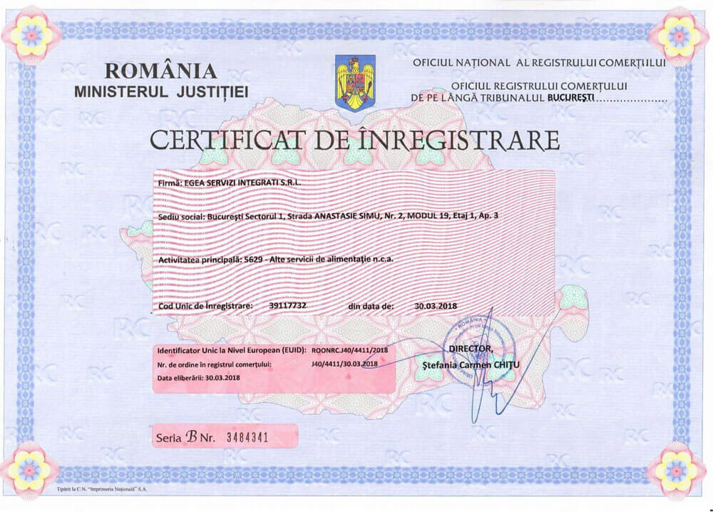 Certificato registrazione Egea in Romania