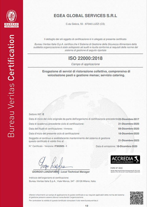 Certificazione ISO 22000:2018 Egea
