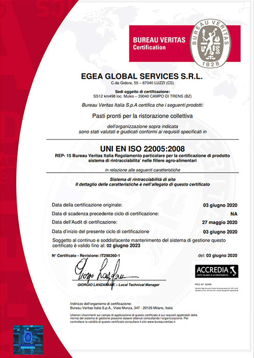 Certificazione ISO 22005:2018 Egea